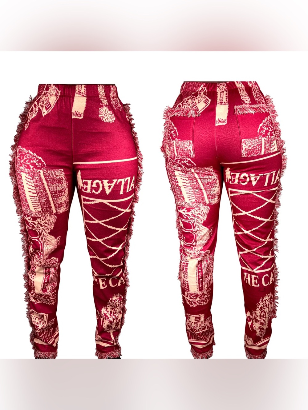 Graphic Fringe Joggers - Red & Cream